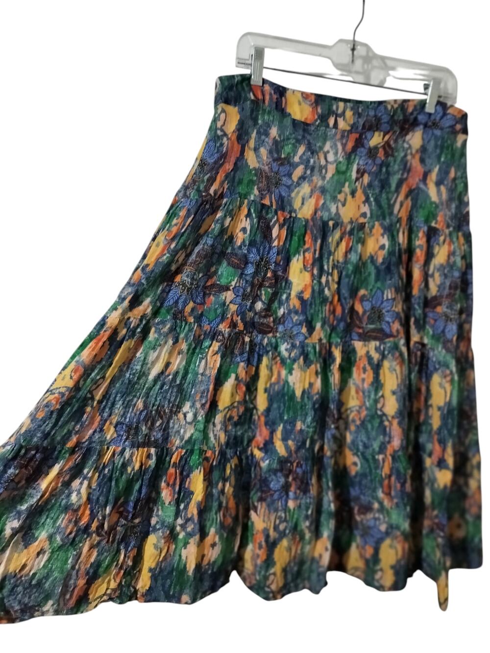 5660)Reba Multicolor Tiered Boho Western Prairie Floral Abstract Pullon Skirt L